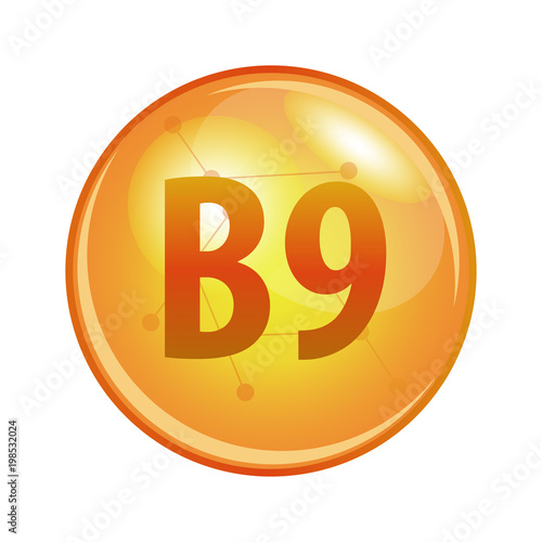 Vitamin B9 capsule. Vector icon for health. Gold shining pill.