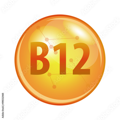 Vitamin B12 capsule. Vector icon for health. Gold shining pill.