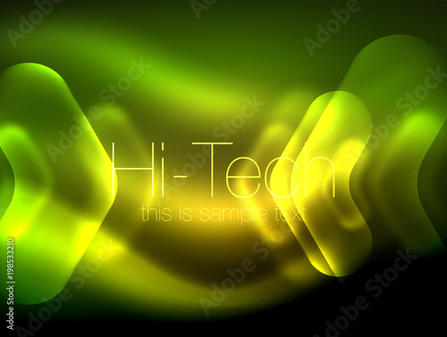 Blurred arrows in dark space. Neon pointers, glass glossy design, abstract shiny techno background, web banner