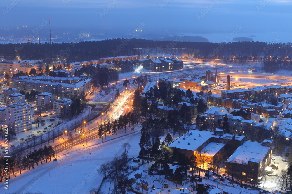 City lights of Tampere in the winter night 2018