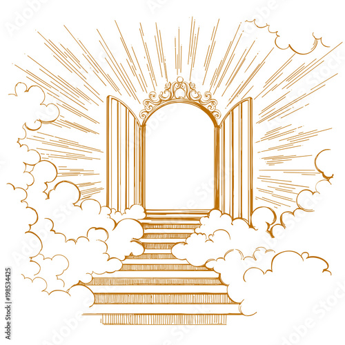 Gates of Paradise, entrance to the heavenly city, meeting with God, symbol of Christianity hand drawn vector illustration sketch