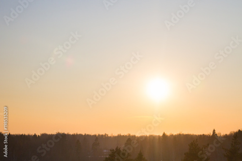 Bright beautiful sunset over the winter forest in early spring