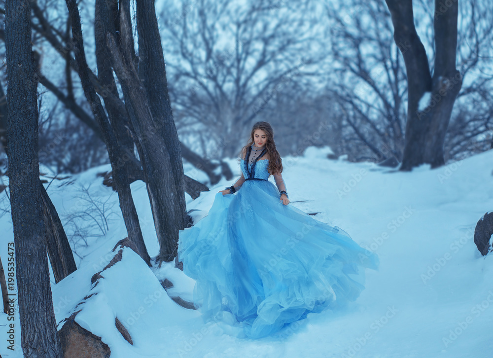 Cinderella, in a luxurious, lush, vintage, and fashionable blue dress that flutters on the run, runs down the stairs. Background of a fabulous winter landscape, everything is covered with snow, Art