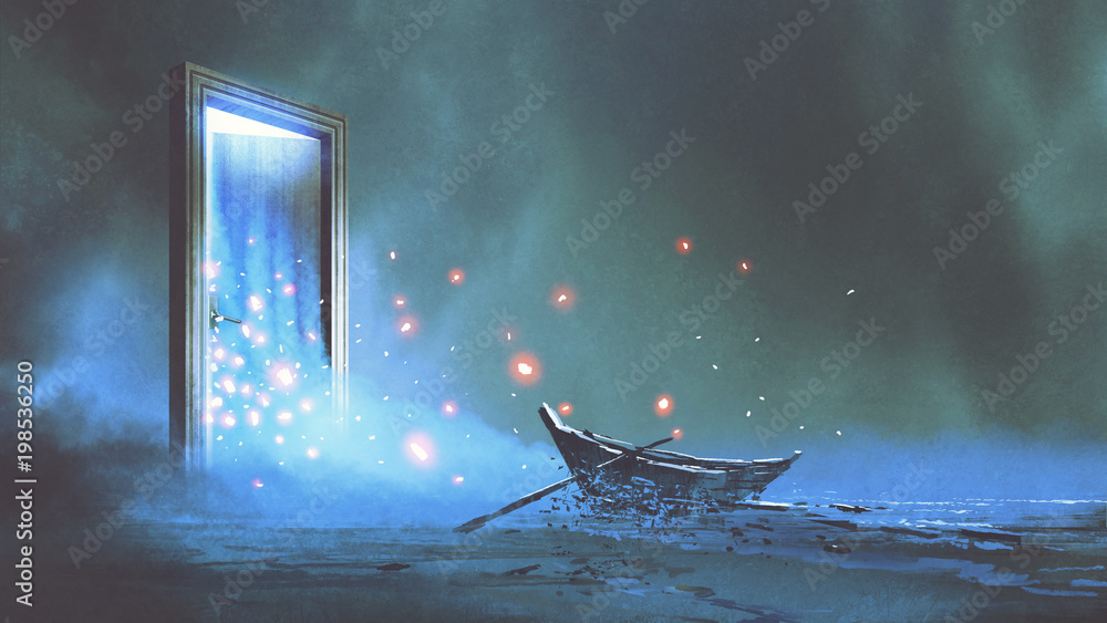 Obraz premium fantasy dekoracje opuszczonej łodzi na brzegu w pobliżu tajemniczych drzwi, cyfrowego stylu sztuki, malarstwa ilustracyjnego