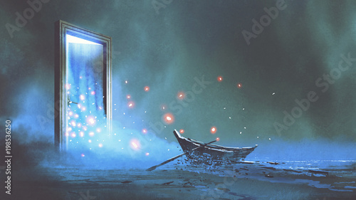 Fototapeta scenografia fantasy opuszczonej łodzi na brzegu w pobliżu tajemniczych drzwi, styl sztuki cyfrowej, malarstwo ilustracyjne