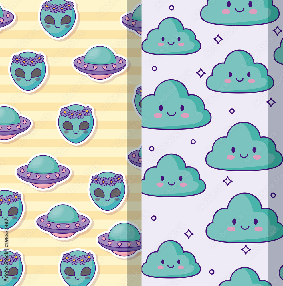Patterns of kawaii clouds and alien faces and spaceships, colorful design. vector illustration Patterns of kawaii clouds and alien faces and spaceships, colorful design. vector illustration