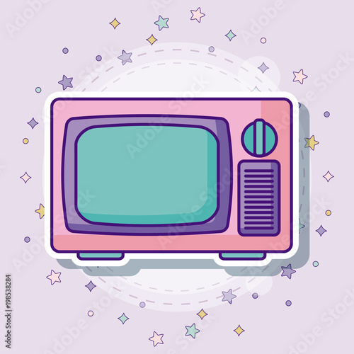 retro television icon with colorful stars over purple background, vector illustration