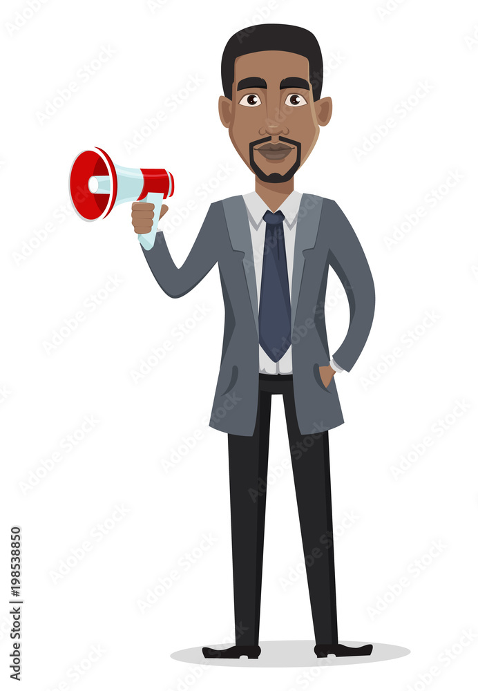 African American business man cartoon character holding loudspeaker African American business man cartoon character holding loudspeaker