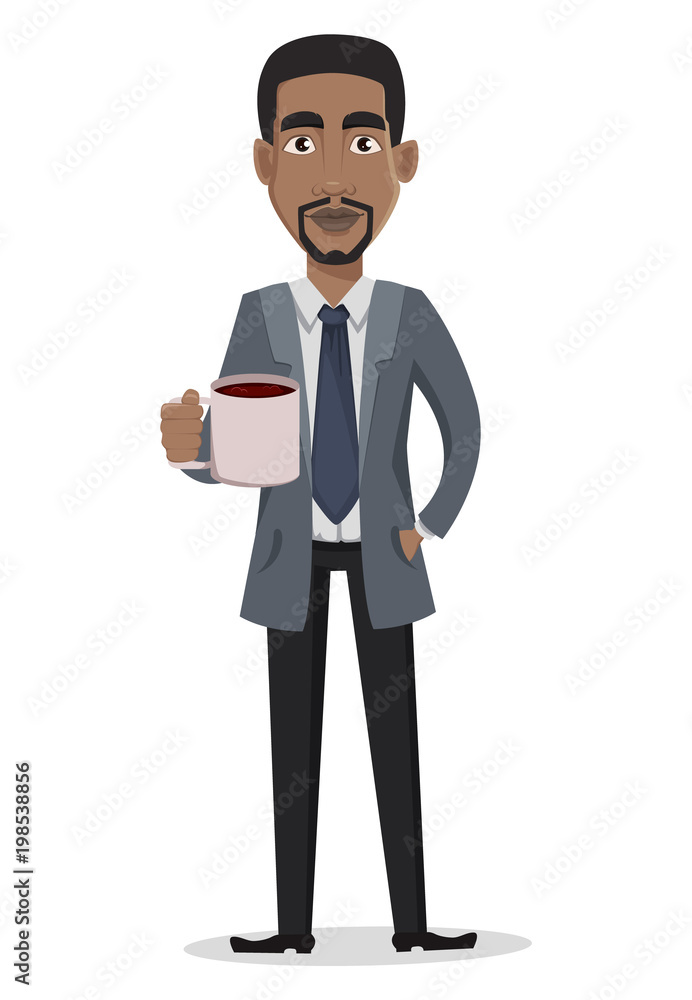 African American business man cartoon character with a cup of coffee African American business man cartoon character with a cup of coffee
