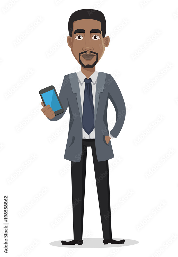 African American business man cartoon character with a smartphone African American business man cartoon character with a smartphone