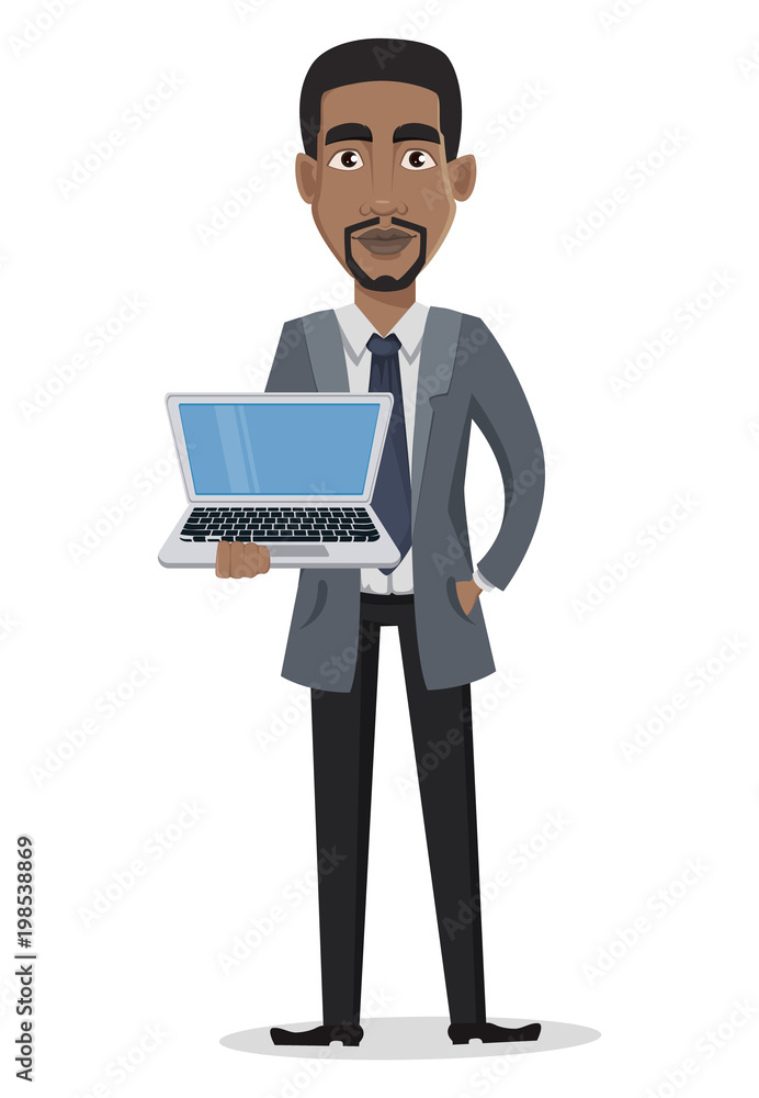 African American business man cartoon character holding laptop African American business man cartoon character holding laptop