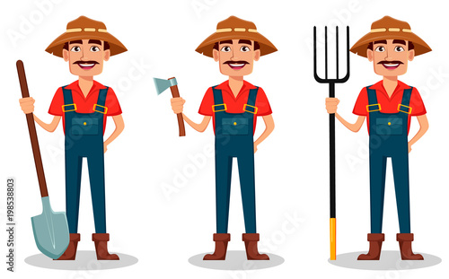 Farmer cartoon character, set with shovel, with axe and with pitchfork