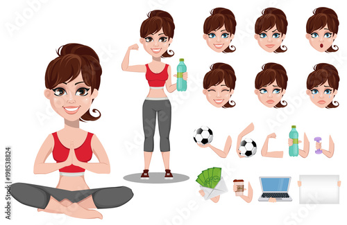 Beautiful woman in sport outfit, set of emotions and different things