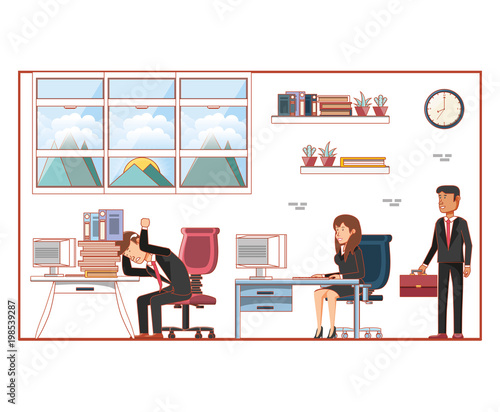 businesspeople avatars with work time elements vector illustration