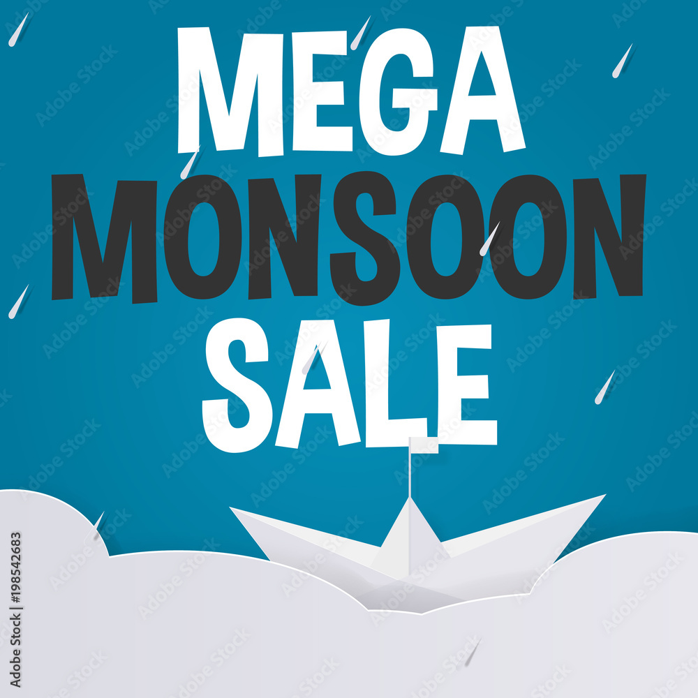 Monsoon sale ads offer for discount promotion banner with cloud, ship and rain in paper art style Monsoon sale ads offer for discount promotion banner with cloud, ship and rain in paper art style