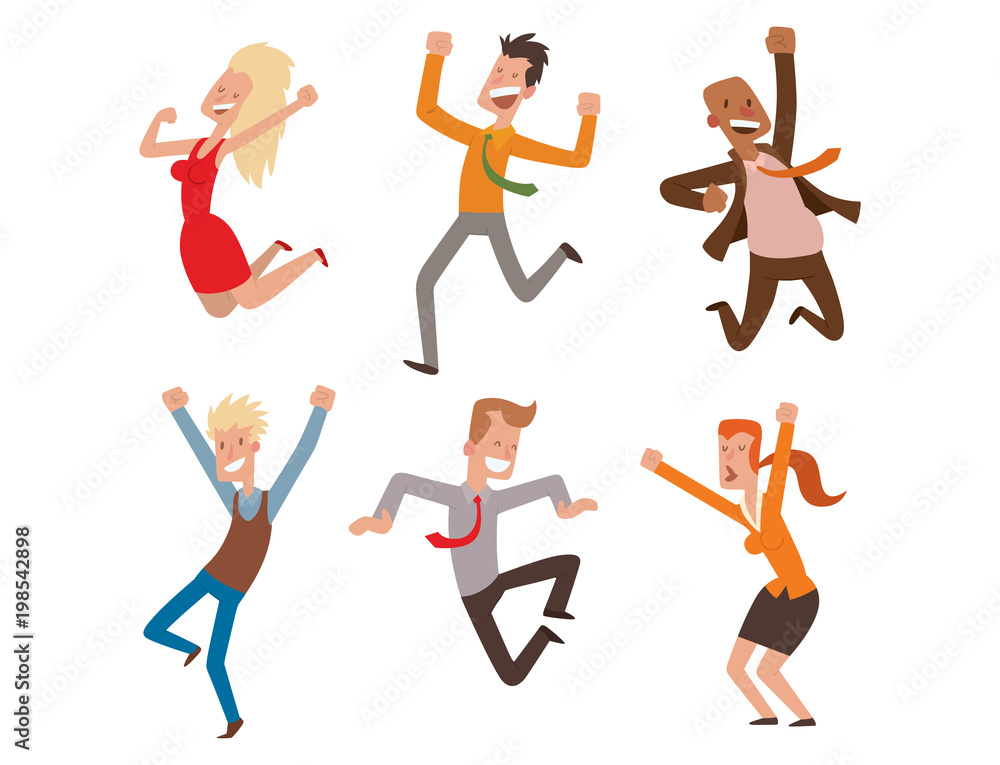 People jumping in celebration party vector happy man jump celebration joy character. Cheerful woman active happiness expression many joyful friends portrait.
