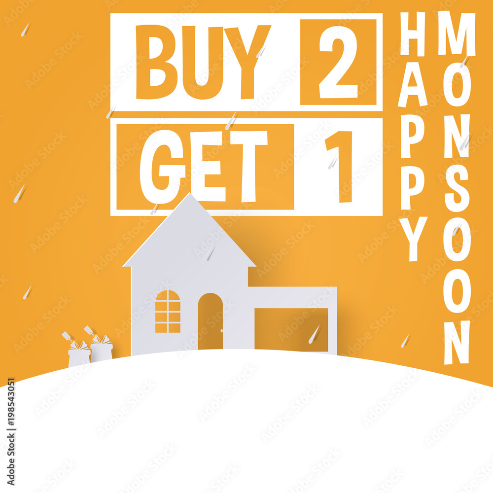 Monsoon sale ads offer for discount promotion banner with gift, house and rain in paper art style