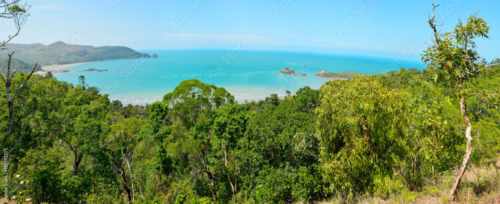 Panoramic view of Cape Hillsborough with Wedge Island and reef in Cape Hillsborough National Park in Australia.