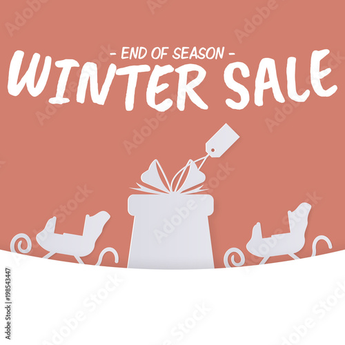 winter sale ads for holiday discount promotion banner with gift and sled in paper art style