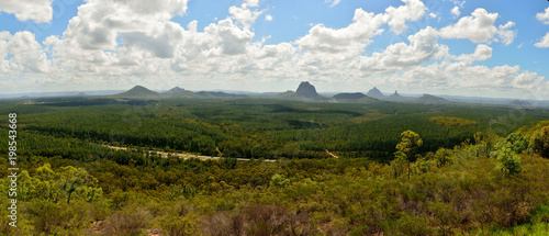 Panoramic view of Glass House Mountains in Queensland  Australia.
