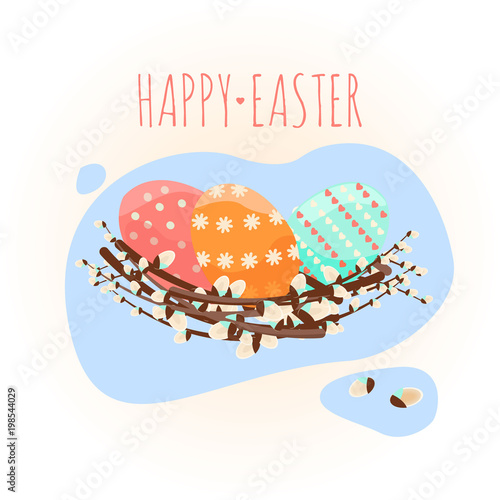 Fototapeta Naklejka Na Ścianę i Meble -  Happy easter. Vector image of Easter symbols. A painted egg, a nest of the Easter bunny. An opening, an illustration for a spring theme
