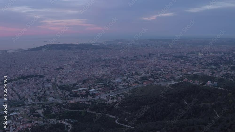 Aerial of Barcelona and its surroundings at dawn Aerial of Barcelona and its surroundings at dawn