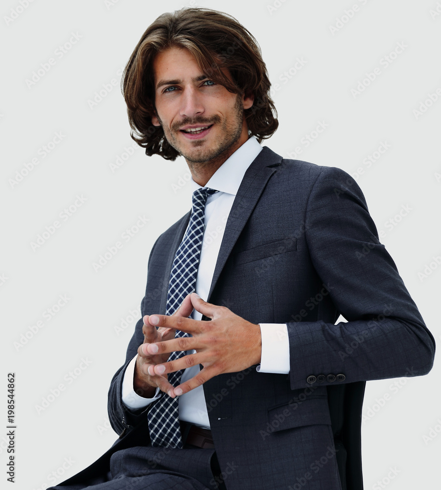 Inviting business man sitting on chair with relaxed attitude Inviting business man sitting on chair with relaxed attitude