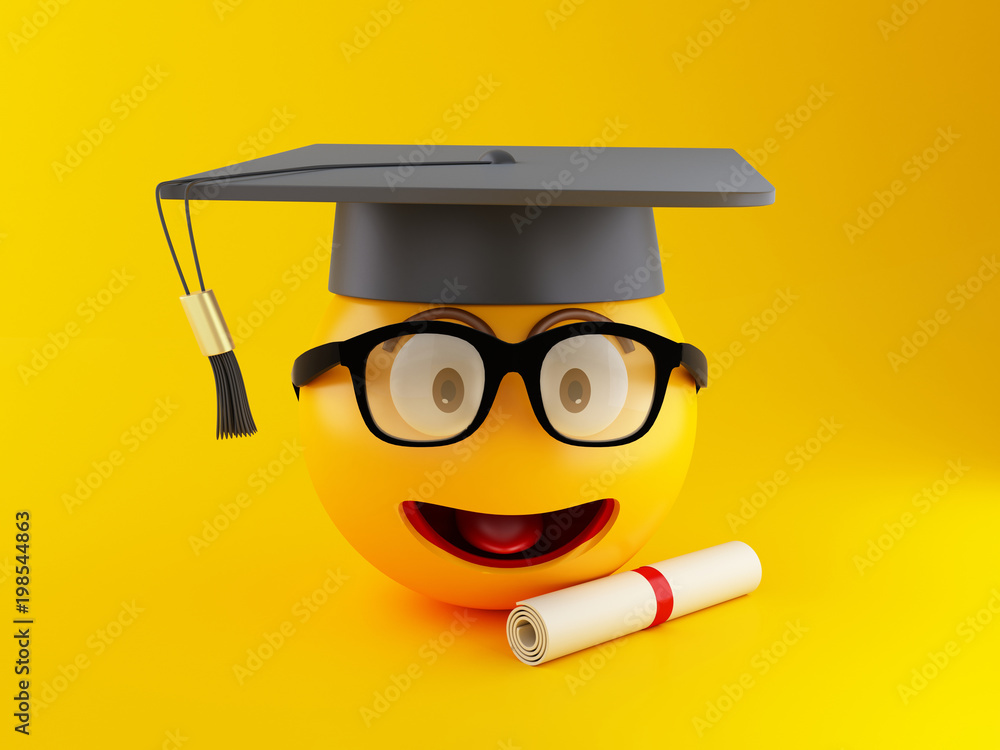 3d Graduation emoji with graduation cap and diploma. Stock Illustration