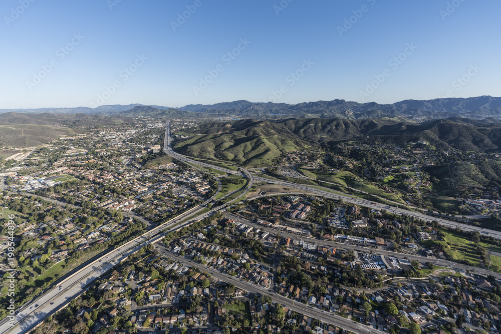 Aerial view of route 101 and 23 freeways and Westlake Blvd in suburban Thousand Oaks near Los Angeles, California.