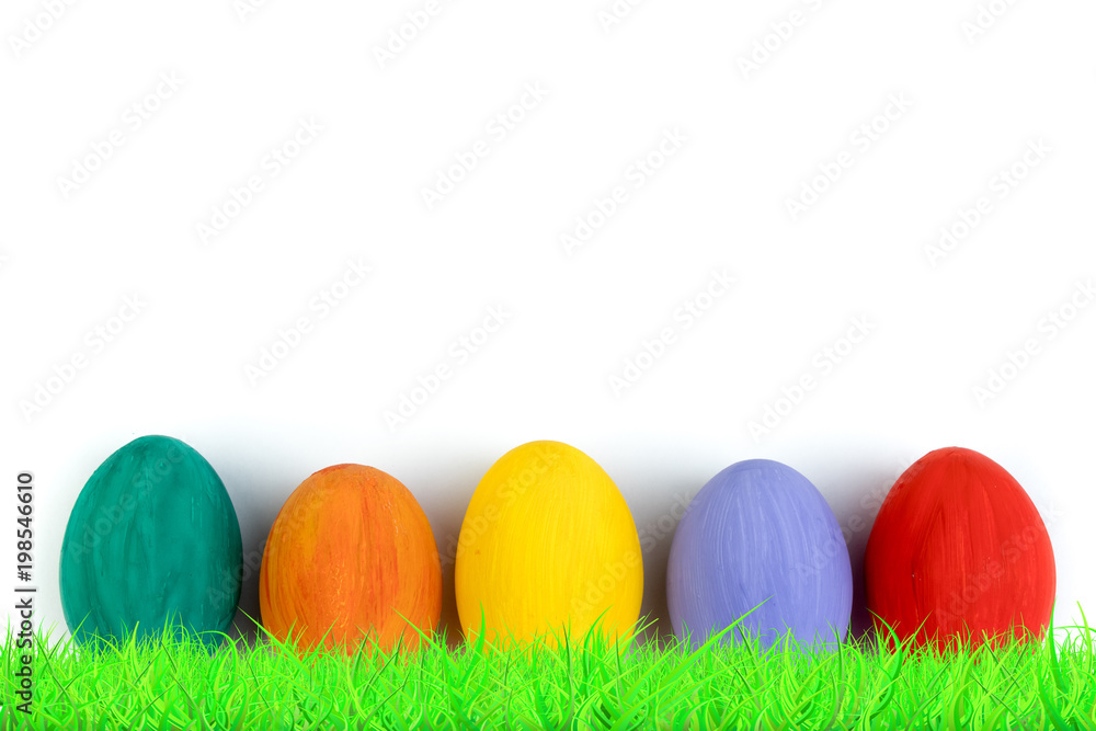 Happy Easter card. Colorful shiny easter eggs on isolated white background. Copy space for text.