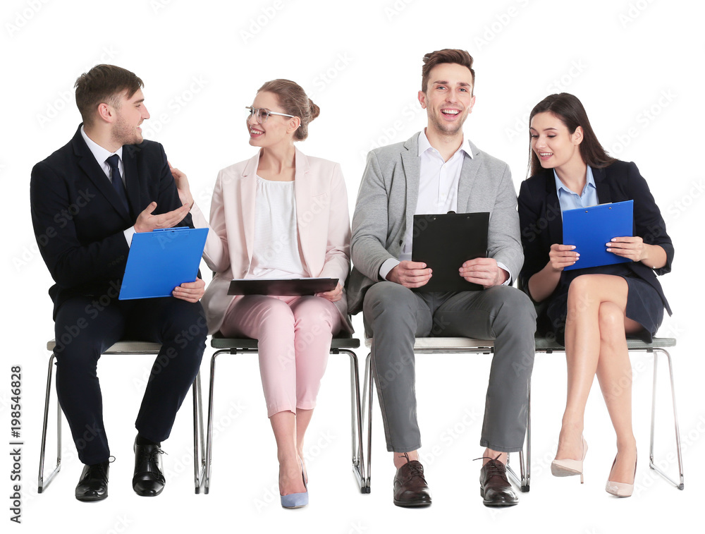 Obraz premium Group of people waiting for job interview on white background