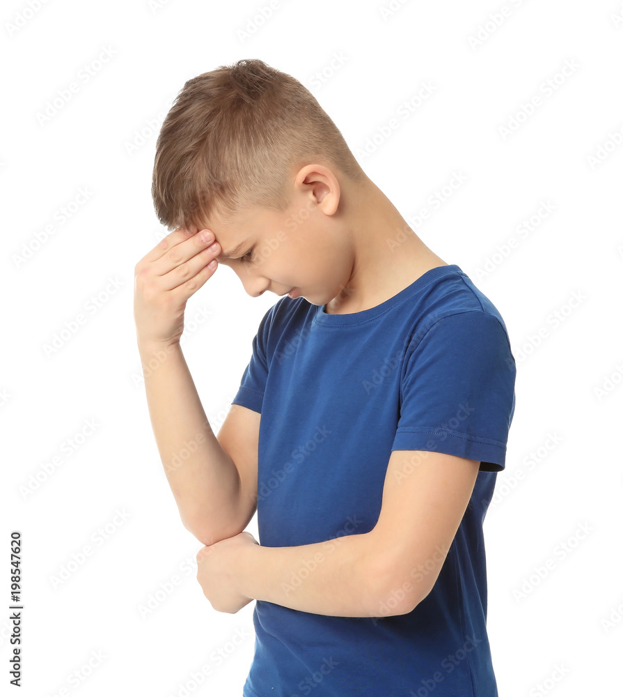 Little boy suffering from headache on white background Little boy suffering from headache on white background