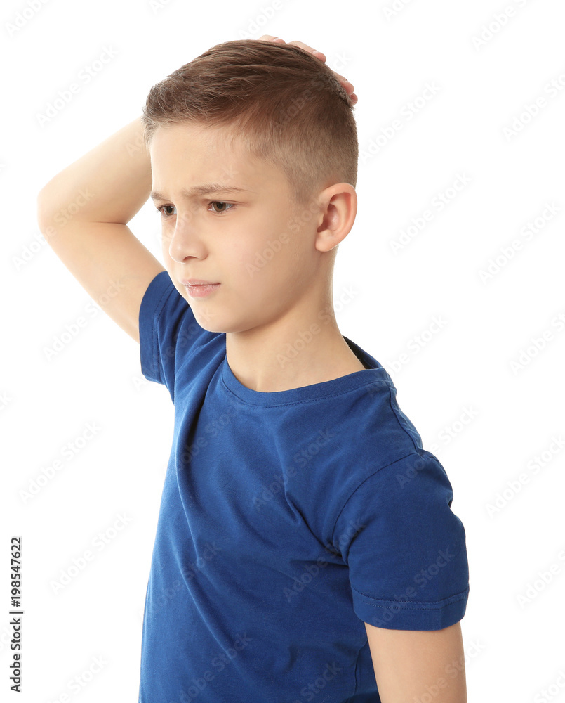 Little boy suffering from headache on white background Little boy suffering from headache on white background