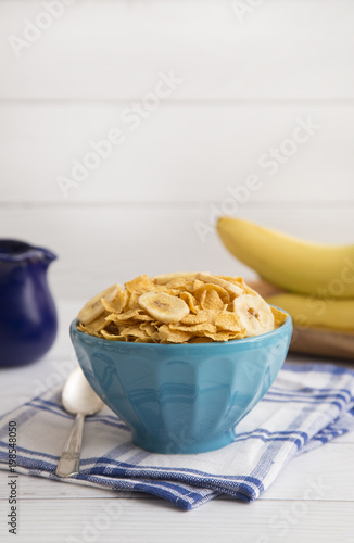 Breakfast Cereal and Bananas in a Blue Bowl