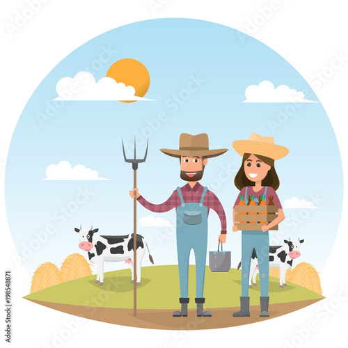 farmer cartoon character with milk cow in organic rural farm