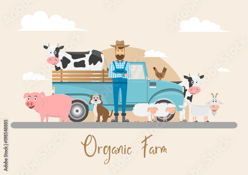 farmer cartoon character with milk cow in organic rural farm