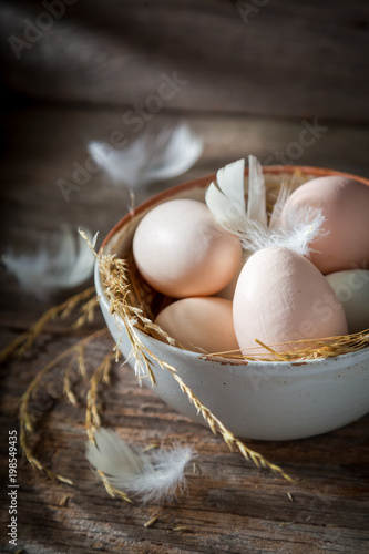 Ecological free range eggs with hay and feathers