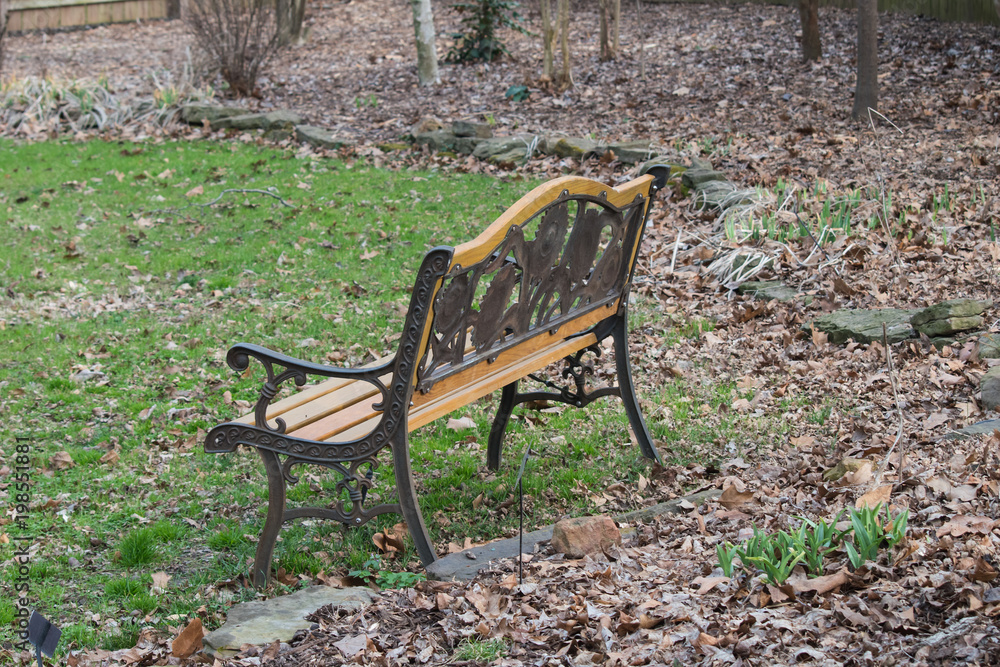 With spring just beginning to spring up, this park bench sits empty. With spring just beginning to spring up, this park bench sits empty.