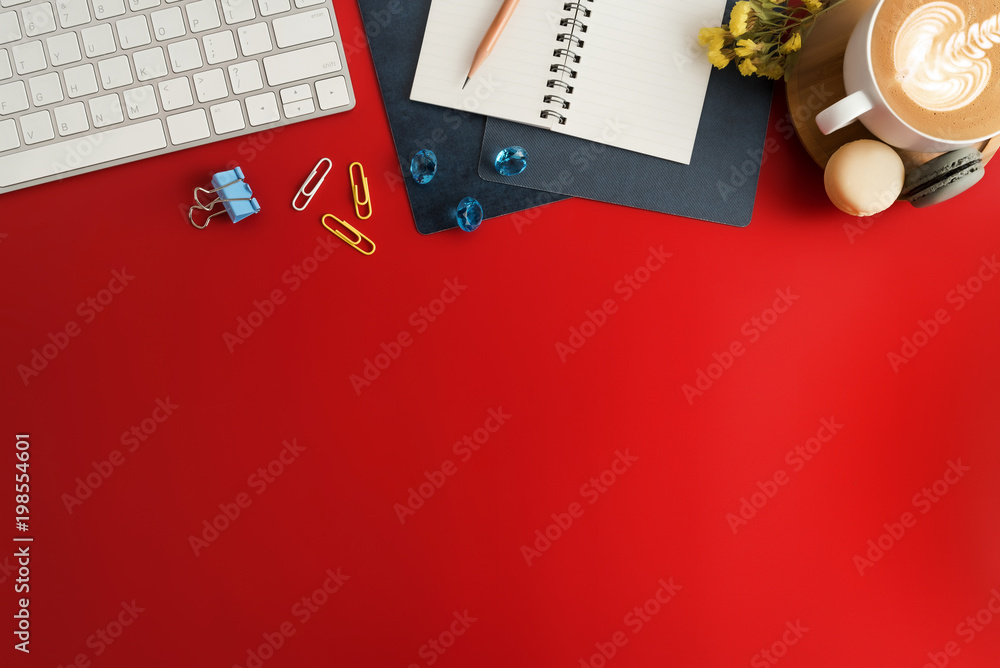 Styled stock photography red office desk table with blank notebook, keyboard, macaroon, supplies and coffee cup. Top view with copy space. Flat lay. Styled stock photography red office desk table with blank notebook, keyboard, macaroon, supplies and coffee cup. Top view with copy space. Flat lay.