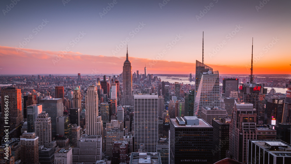 New York City Manhattan sunset from Top of the Rockefeller Center