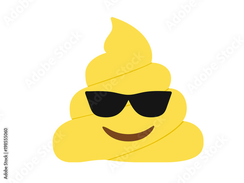 Yellow dung smiley face with black sunglasses flat icon