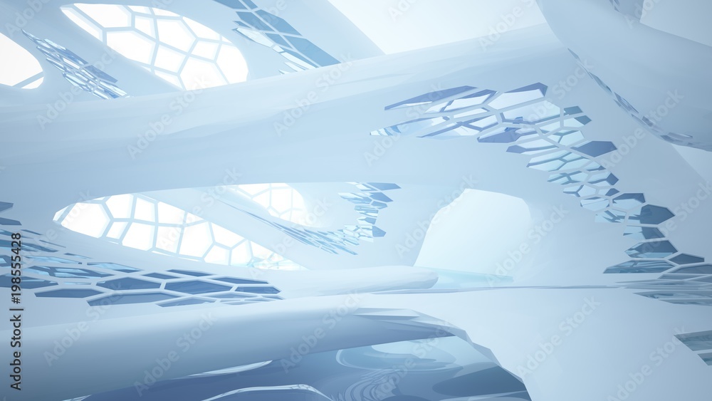 Abstract white and blue water parametric interior with window. 3D illustration and rendering. Abstract white and blue water parametric interior with window. 3D illustration and rendering.