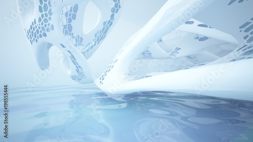 Abstract white and blue water parametric interior with window. 3D illustration and rendering.