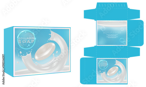 Cosmetic packaging, collagen soap box design template and mockup box. Vector illustration.