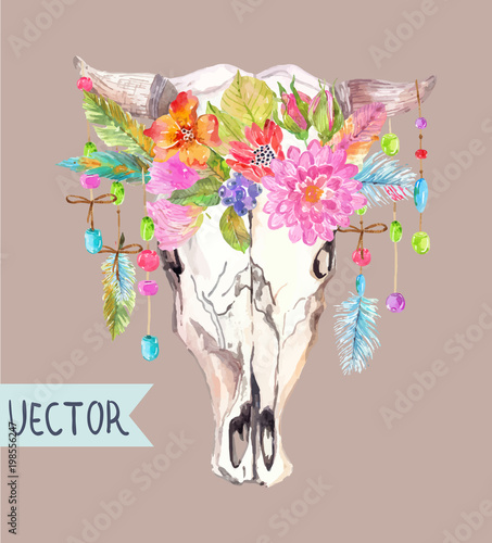 Watercolor bull skull with flowers, beads and feathers