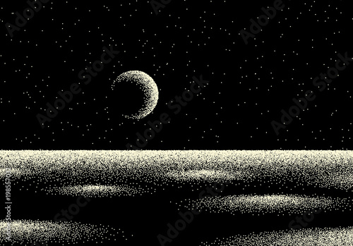 Space landscape with scenic view on planet and stars made with retro dotwork style