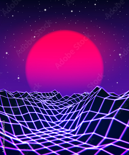 Neon grid landscape and sun with 80s game style