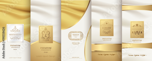 Collection of design elements,labels,icon,frames, for packaging,design of luxury products.for perfume,soap,wine, lotion. Made with golden foil.Isolated on gold color background.vector illustration