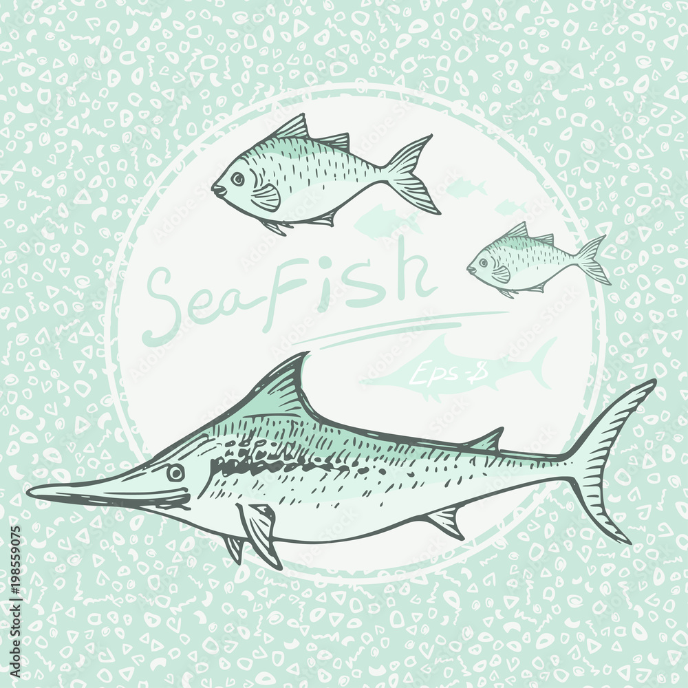 Fototapeta premium Vector vintage fish drawing. Hand drawn monochrome seafood illustration. Great for menu, poster or label