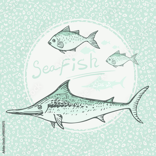 Vector vintage fish drawing. Hand drawn monochrome seafood illustration. Great for menu, poster or label